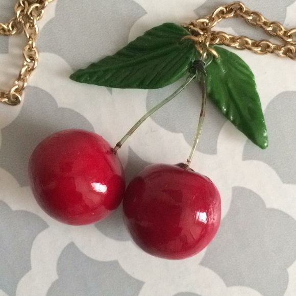 Cherry necklace, gold tone long chain, handmade - Picture 3 of 5